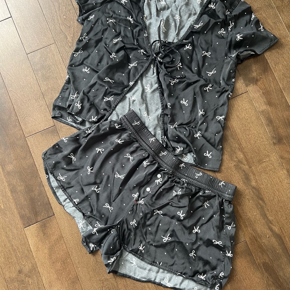 aerie Black Bow-Print Short Pajama Set